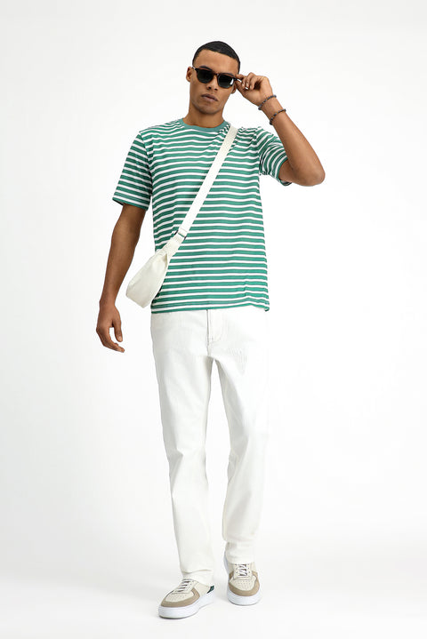 Navy Blue Crew Neck Slim Fit Narrow Cut Cotton Striped T-Shirt