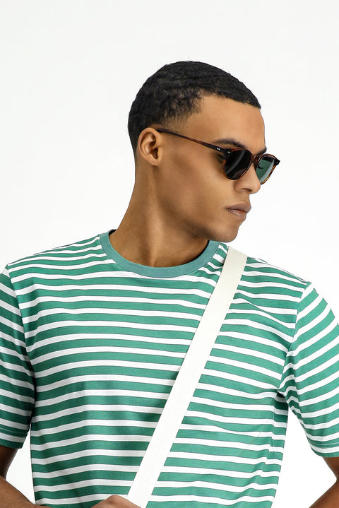 Navy Blue Crew Neck Slim Fit Narrow Cut Cotton Striped T-Shirt