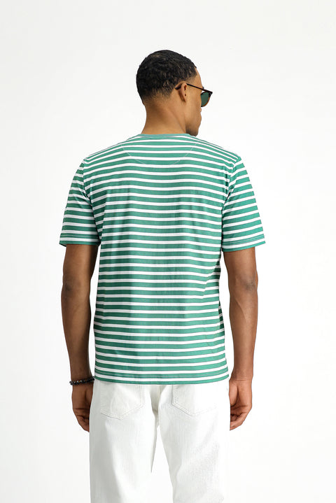 Navy Blue Crew Neck Slim Fit Narrow Cut Cotton Striped T-Shirt