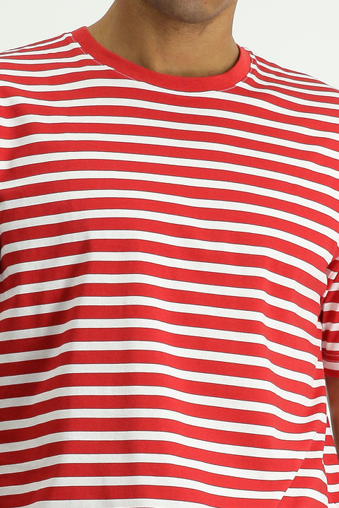 Bayrak Kırmızı Bisiklet Yaka Slim Fit Dar Kesim Pamuk Çizgili Tişört