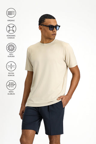 Açık Bej Techno-Line Bisiklet Yaka Slim Fit Dar Kesim Baskılı Likralı Süprem Tişört