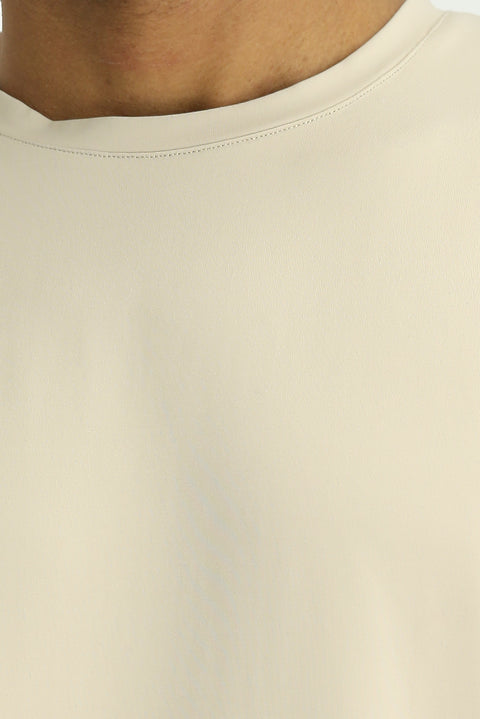 Açık Bej Techno-Line Bisiklet Yaka Slim Fit Dar Kesim Baskılı Likralı Süprem Tişört