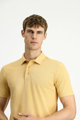 Orta Bej Slim Fit Dar Kesim Pamuk Desenli Polo Yaka Tişört