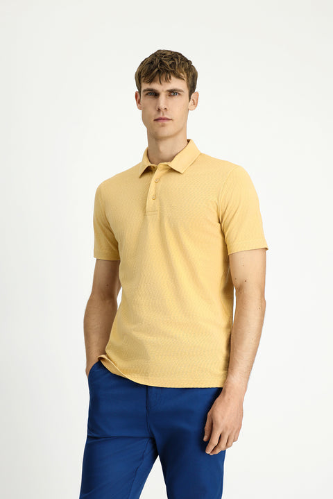 Orta Bej Slim Fit Dar Kesim Pamuk Desenli Polo Yaka Tişört