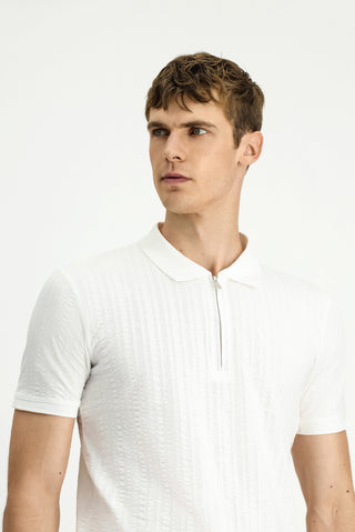 Kırık Beyaz Slim Fit Dar Kesim Pamuk Desenli Fermuarlı Polo Yaka Tişört