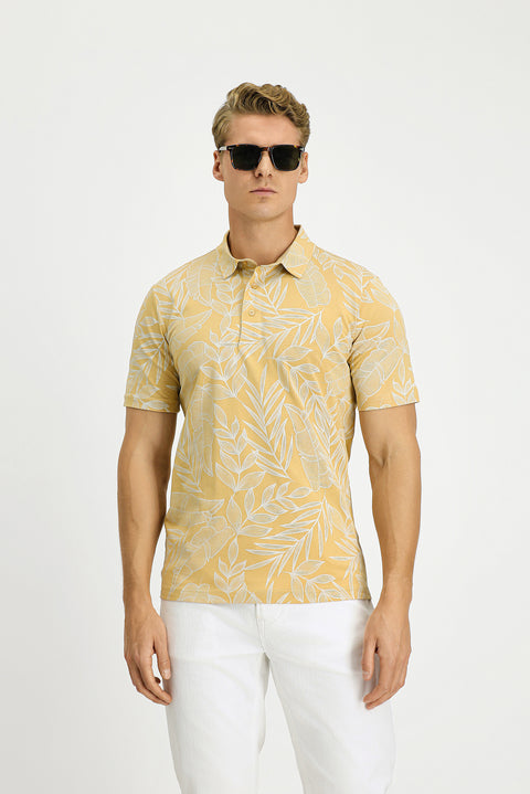 Medium Beige Slim Fit Printed Cotton Polo Shirt