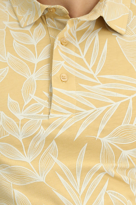Medium Beige Slim Fit Printed Cotton Polo Shirt