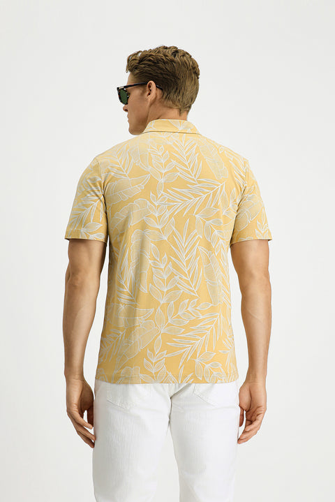 Medium Beige Slim Fit Printed Cotton Polo Shirt