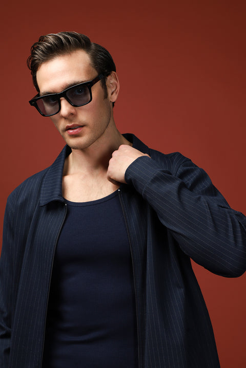 Orta Lacivert Mevsimlik Polo Yaka Regular Fit Çizgili Fermuarlı Sweat Mont