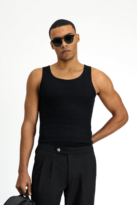 Black Slim Fit Narrow Cut Cotton Ribbed Tank Top