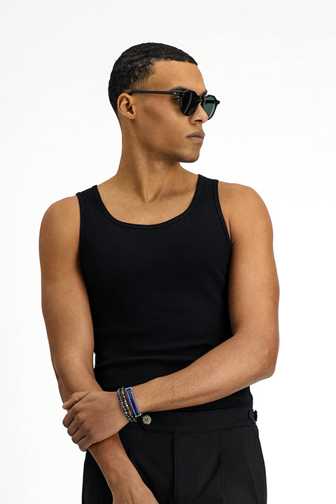 Black Slim Fit Narrow Cut Cotton Ribbed Tank Top