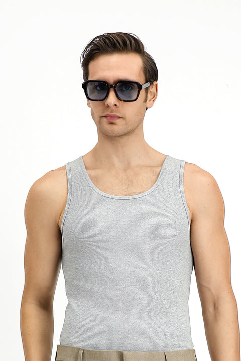 Medium Grey Melange Slim Fit Narrow Cut Cotton Ribbed Tank Top