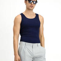 Koyu Lacivert Slim Fit Dar Kesim Pamuk Fitilli Atlet