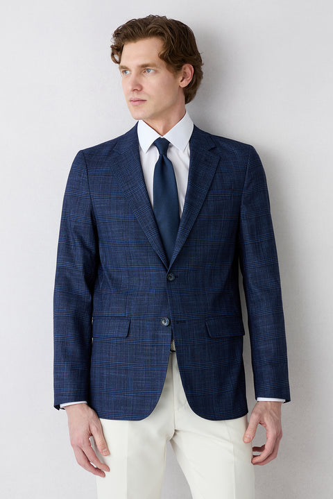 Light Navy 4 Drop Relaxed Fit Peak Lapel Classic Plaid Jacket