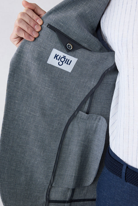 Open Navy Blue 4 Drop Relaxed Fit Mono Collar Patterned Classic Linen Blend Jacket