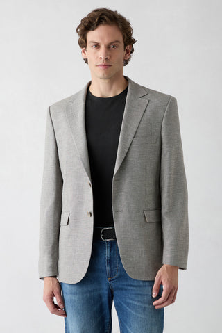 Orta Vizon 4 Drop Relaxed Fit Rahat Kesim Mono Yaka Desenli Klasik Keten Karışımlı Ceket