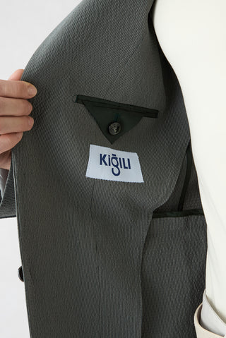 Orta Haki 6 Drop Regular Fit Standart Kesim Mono Yaka Gofreli Çizgili Ceket