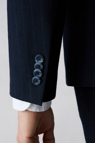 Orta Lacivert 7 Drop Slim Fit Dar Kesim Sivri Yaka Çizgili Kruvaze Ceket