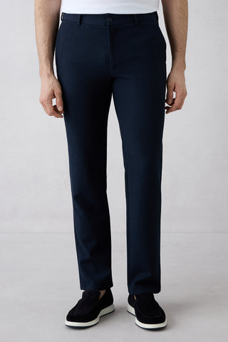 Koyu Lacivert Techno-Line 7 Drop Slim Fit Dar Kesim Çizgili Keten Karışımlı Esnek Klasik Kumaş Pantolon