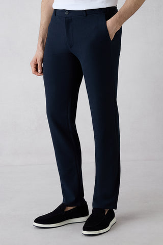 Koyu Lacivert Techno-Line 7 Drop Slim Fit Dar Kesim Çizgili Keten Karışımlı Esnek Klasik Kumaş Pantolon