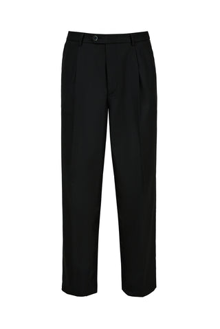 Siyah Straight Wide Leg Yan Cepli Pileli Likralı Kanvas / Chino Pantolon