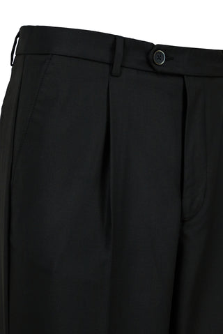 Siyah Straight Wide Leg Yan Cepli Pileli Likralı Kanvas / Chino Pantolon