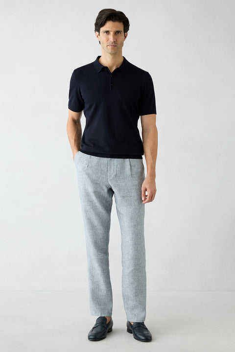 Mid Navy Regular Straight Fit Patterned Drawstring Pleated Linen Blend Canvas / Chino Trousers