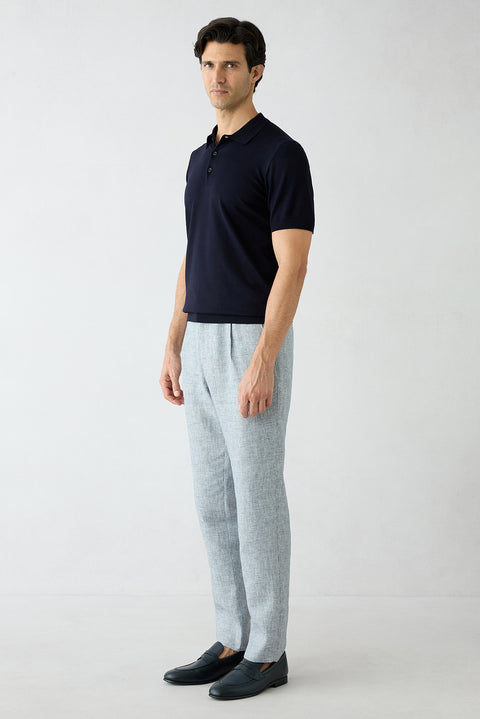 Mid Navy Regular Straight Fit Patterned Drawstring Pleated Linen Blend Canvas / Chino Trousers