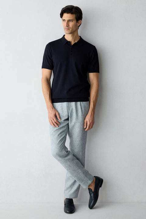 Mid Navy Regular Straight Fit Patterned Drawstring Pleated Linen Blend Canvas / Chino Trousers