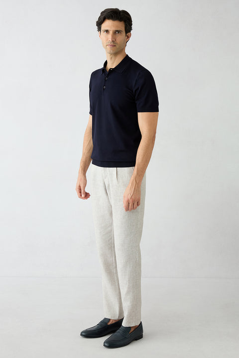 Açık Vizon Regular Straight Fit Desenli Beli İpli Pileli Keten Karışımlı Kanvas / Chino Pantolon