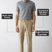 Medium Beige Techno-Line Regular Fit Standard Cut Lycra Stretchy Elasticated Waist Drawstring Bagged Trousers