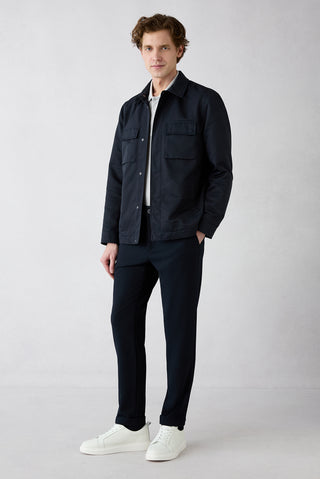 Koyu Lacivert Regular Straight Fit Yan Cepli Likralı Esnek Kanvas / Chino Pantolon