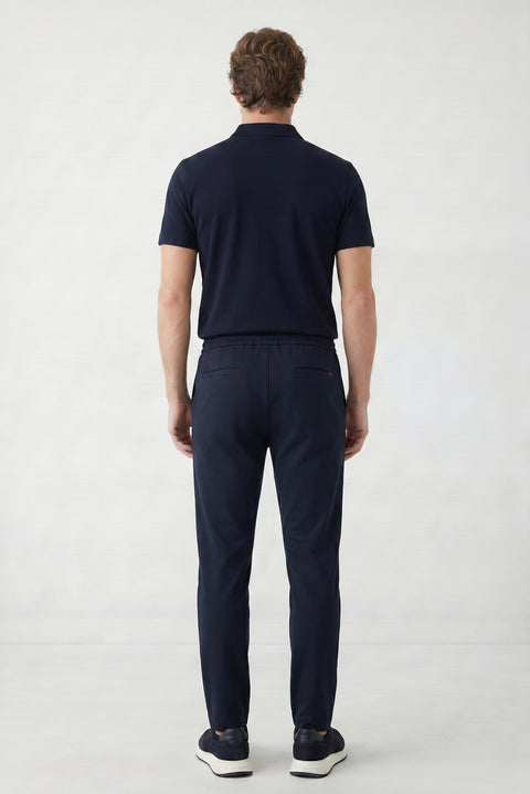 Dark Navy Regular Fit Standard Cut Side Pocket Elasticated Waist Drawstring Jogger Pants
