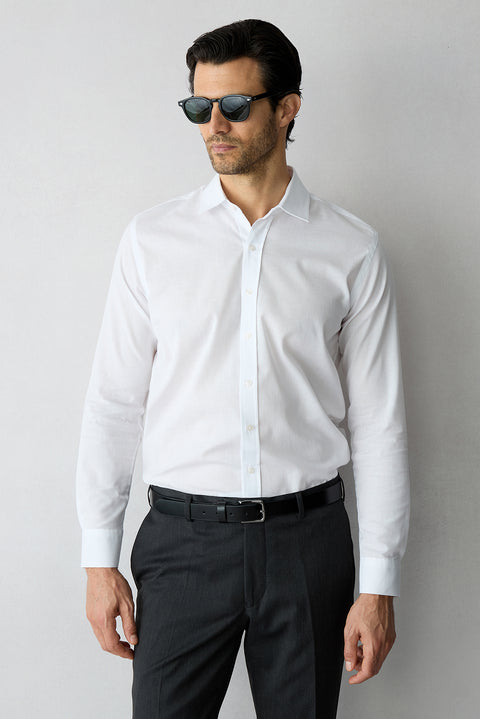 White Long Sleeve Slim Fit Patterned 100% Cotton Shirt
