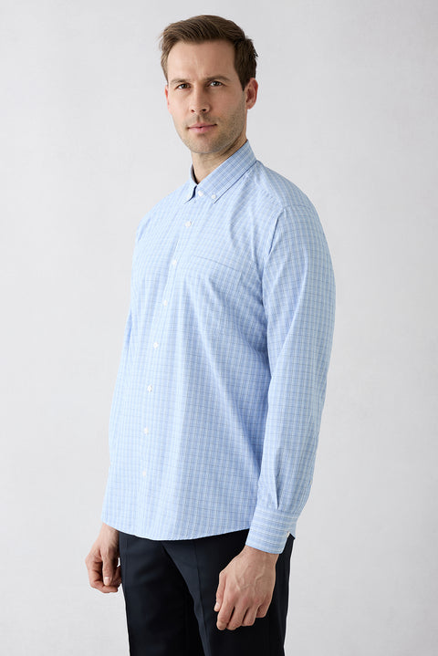 Blue Long Sleeve Slim Fit Plaid Cotton Easy Iron Shirt