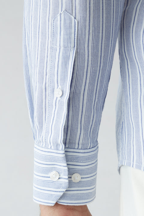 Açık Lacivert Uzun Kol Slim Fit Çizgili Spor %100 Pamuk Gömlek