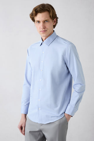 Koyu Mavi Uzun Kol Slim Fit Pamuklu Armürlü Gömlek