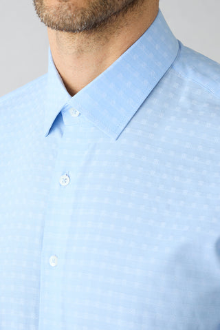 Açık Mavi Kısa Kol Slim Fit Desenli Cepli %100 Pamuk Gömlek