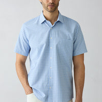 Blue Short Sleeve Regular Fit Plaid Pocket Cotton Easy-to-Iron Shirt