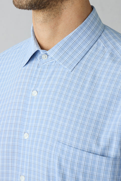 Blue Short Sleeve Regular Fit Plaid Pocket Cotton Easy-to-Iron Shirt