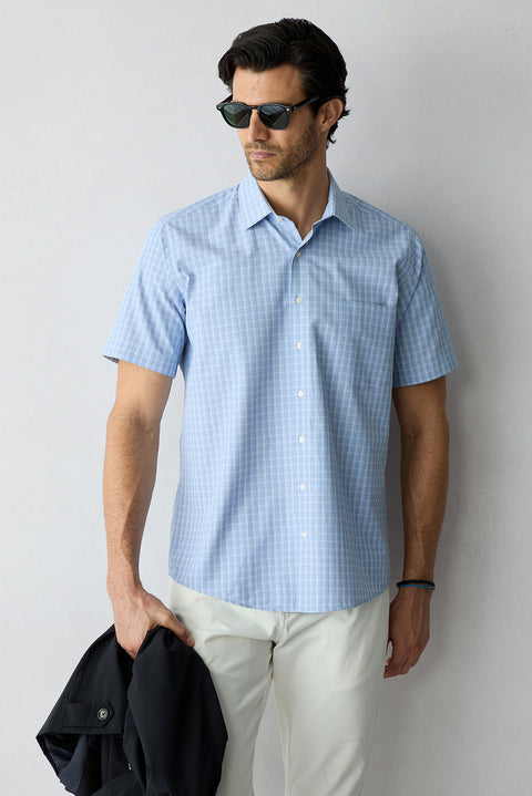 Blue Short Sleeve Regular Fit Plaid Pocket Cotton Easy-to-Iron Shirt