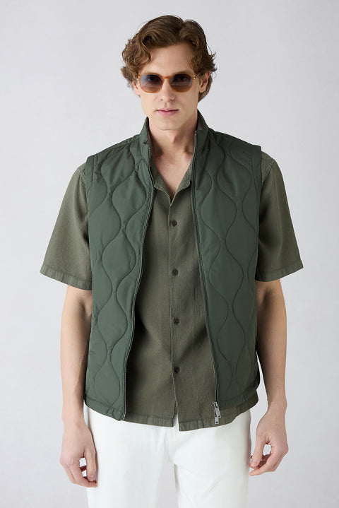 Medium Khaki Stand-Up Collar Quilted Sports Vest with Pockets and Zipper