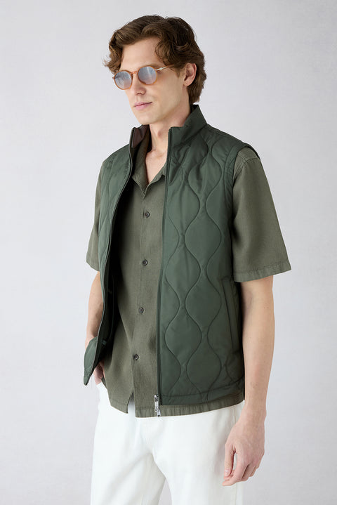 Medium Khaki Stand-Up Collar Quilted Sports Vest with Pockets and Zipper