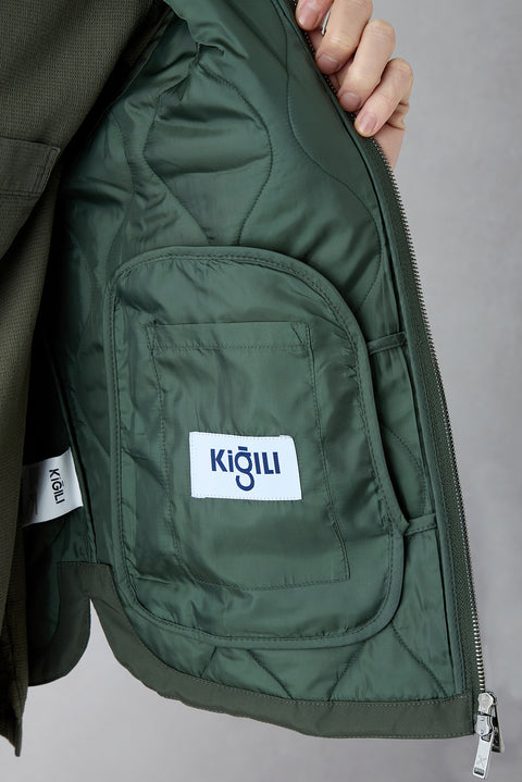 Medium Khaki Stand-Up Collar Quilted Sports Vest with Pockets and Zipper