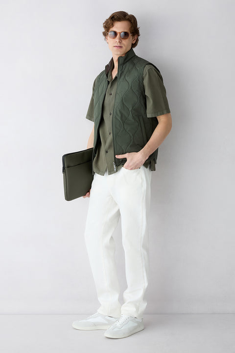 Medium Khaki Stand-Up Collar Quilted Sports Vest with Pockets and Zipper