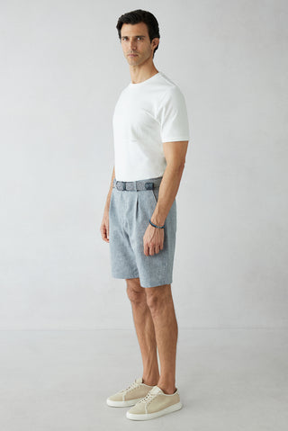 Orta Lacivert Straight Wide Leg Pileli Yan Cepli Lyocell Keten Karışımlı Bermuda Şort