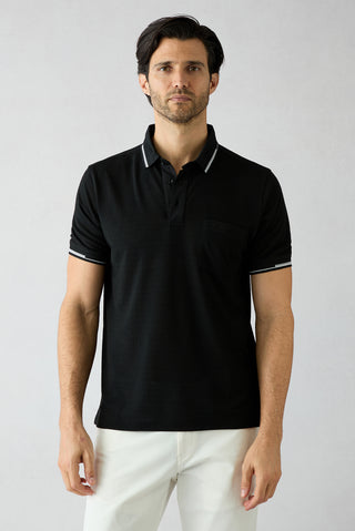 Siyah Polo Yaka Regular Fit Ribana Detaylı Nakışlı Cepli Tişört