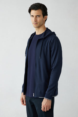Koyu Lacivert Regular Fit Kapüşonlu Fermuarlı Cepli Sweatshirt Hırka