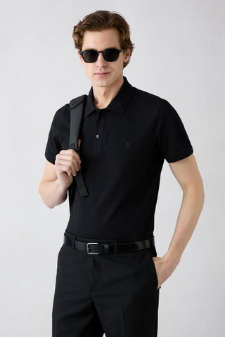 Siyah Kıvrılmaz Polo Yaka Slim Fit Dar Kesim Ribana Detaylı Pamuk Tişört