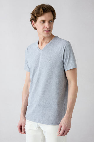 Açık Gri Melanj Slim Fit Pamuklu Düz V Yaka Tişört